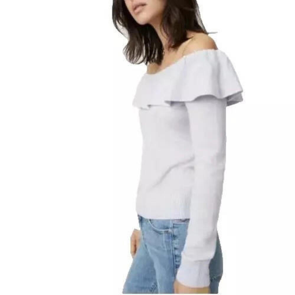 Club Monaco Women's M Gray 100% Cashmere Ruffled Off Shoulders Pullover Sweater